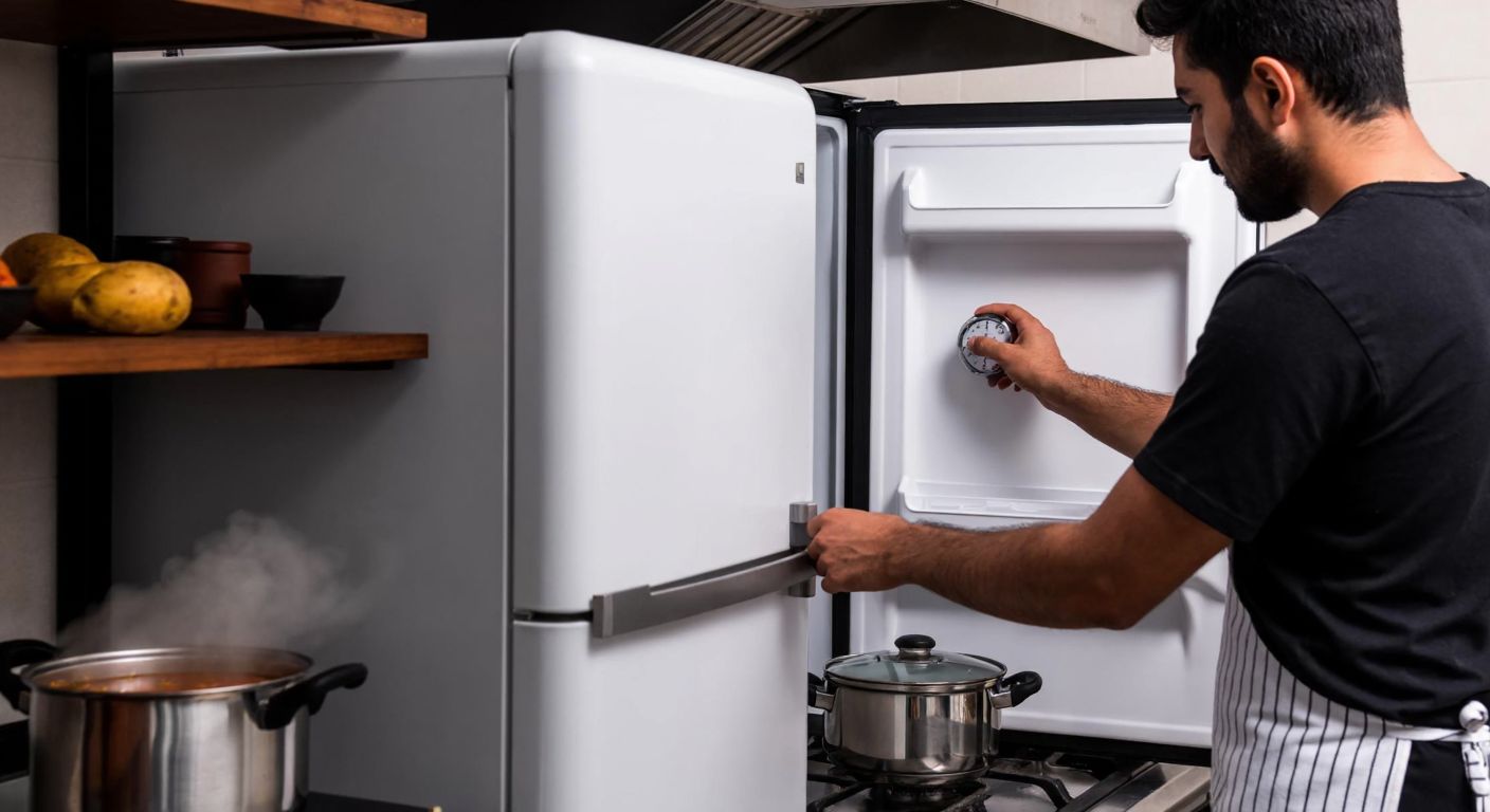 A person in a Turkish kitchen adjusting a dial on a white refrigerator's freezer compartment, with steam lightly rising from a pot of çorba on the stove nearby.