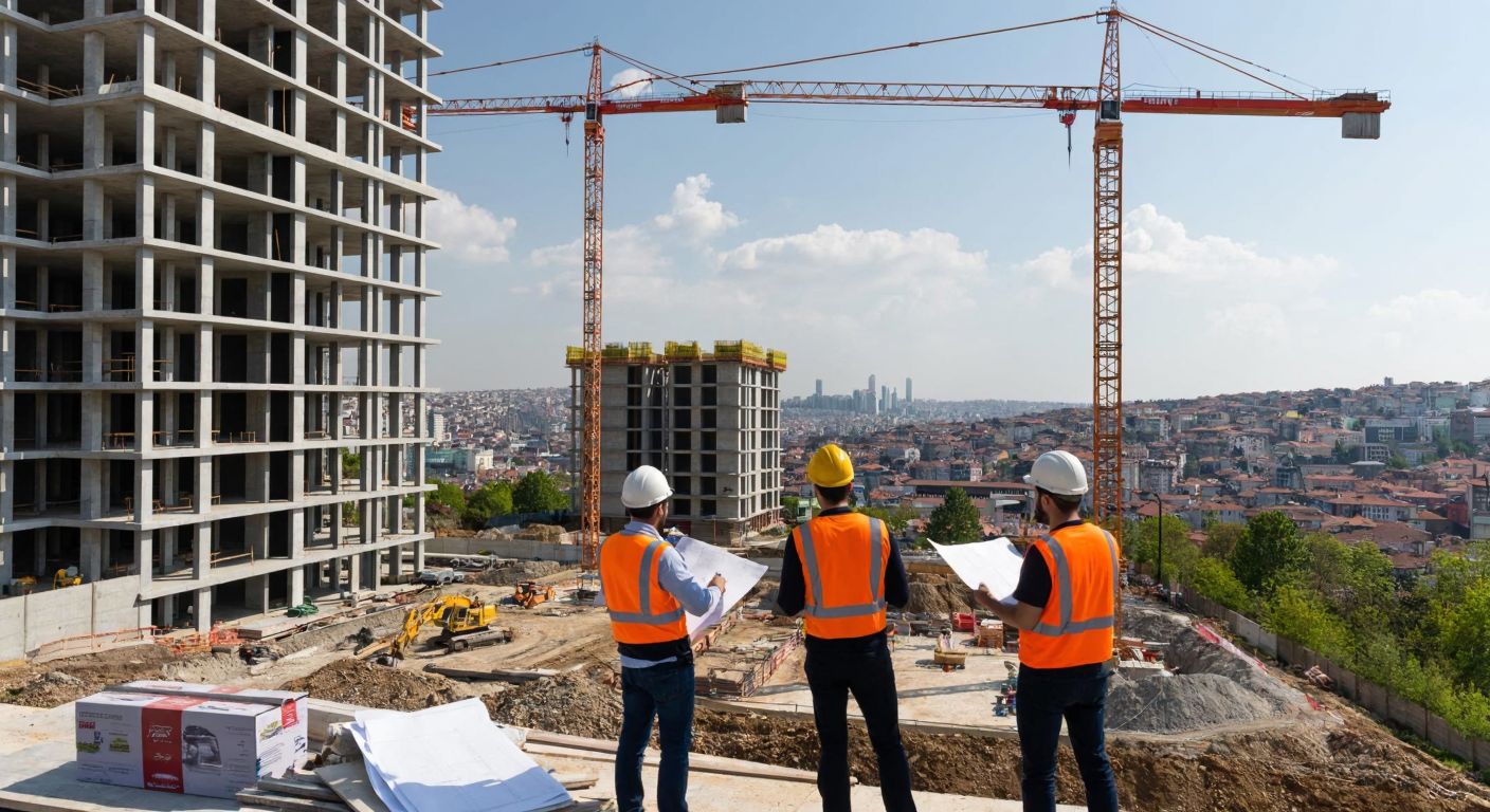 A modern construction site in Istanbul with cranes towering over half-built high-rise buildings, workers in hard hats discussing blueprints, and a bustling cityscape in the background.