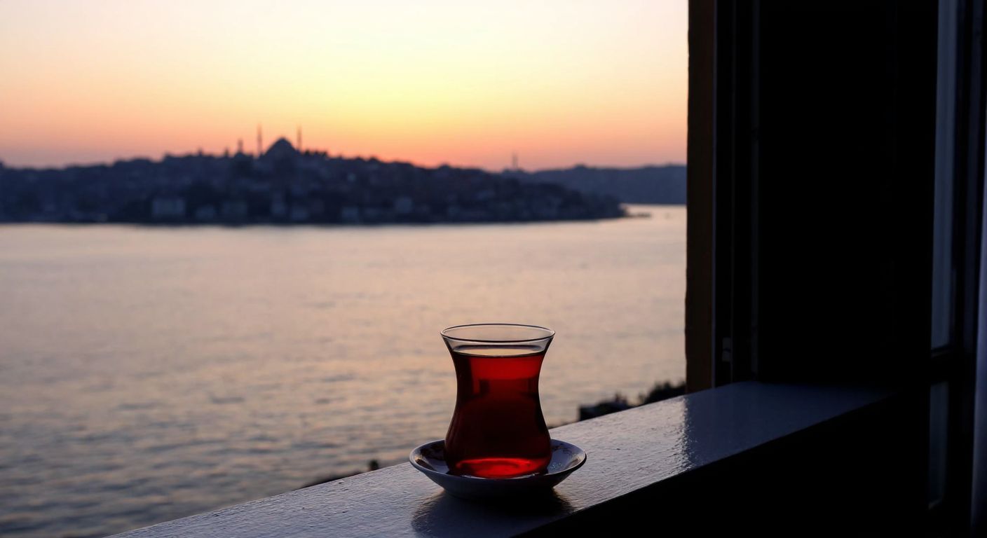 A serene dawn over Istanbul's Bosphorus Strait, with the faint glow of sunrise reflecting on the water and a traditional Turkish tea glass resting on a windowsill, symbolizing the early morning hour.