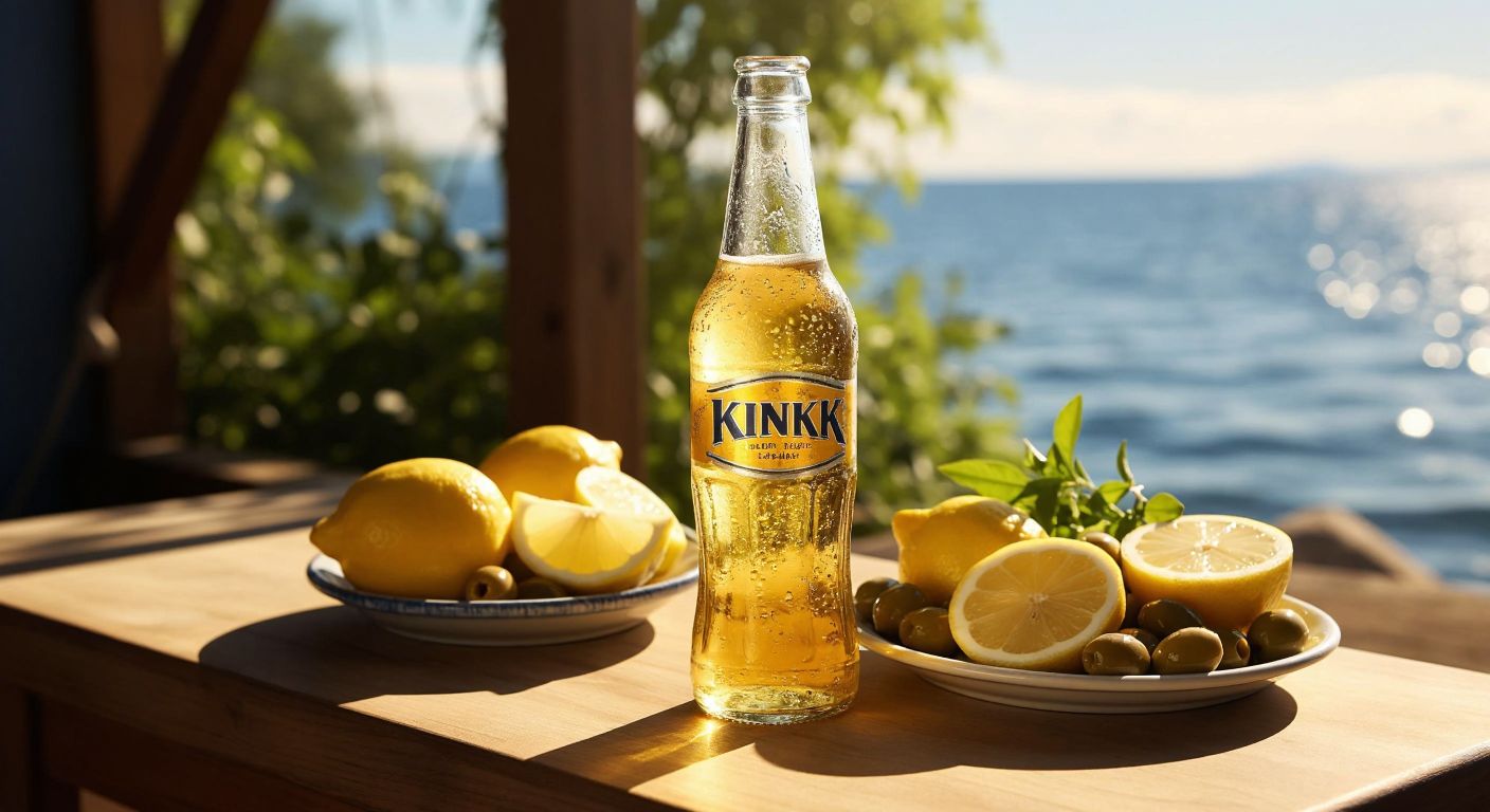 A chilled glass bottle of Kınık soda with condensation droplets, placed on a sunlit wooden table beside a plate of freshly sliced lemons and a bowl of olives.