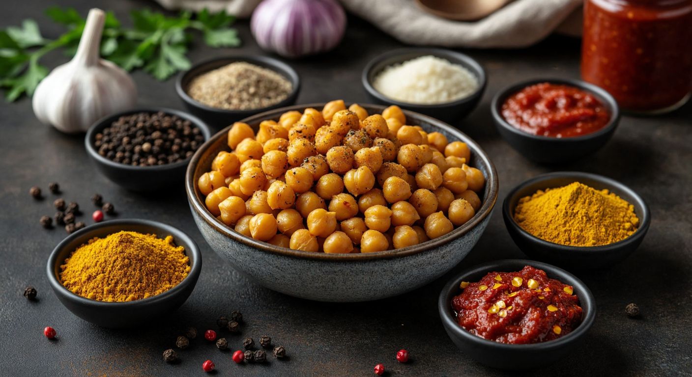 A rustic Turkish kitchen table with a bowl of golden roasted chickpeas surrounded by small dishes of black pepper, cumin, garlic powder, turmeric, mustard seeds, red pepper flakes, and a jar of tomato paste, evoking warmth and earthy aromas.