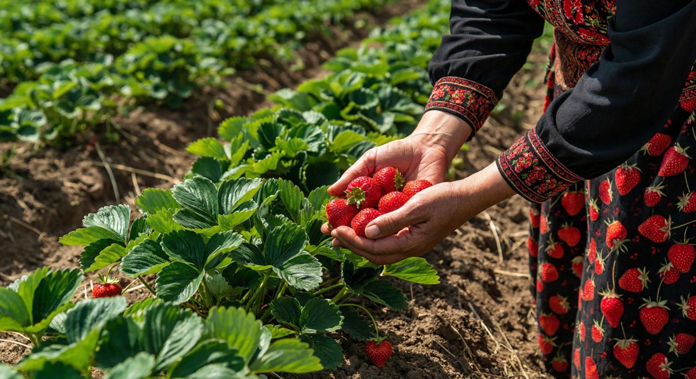 A sunlit field in Tire with rows of vibrant strawberry plants, where two women in traditional Turkish rural attire carefully harvest ripe red strawberries, their hands gently cradling the fruit against a backdrop of fertile soil and green leaves.
