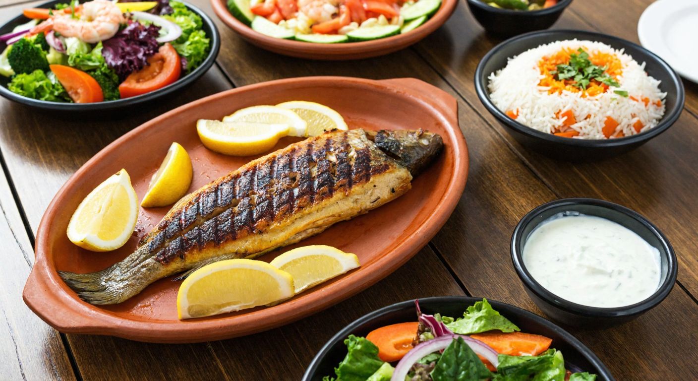 A rustic wooden table in a cozy Turkish setting holds a sizzling clay tile with grilled trout, surrounded by vibrant seasonal salads, steaming rice pilaf, steamed vegetables, lemon slices, and a bowl of cool yogurt.