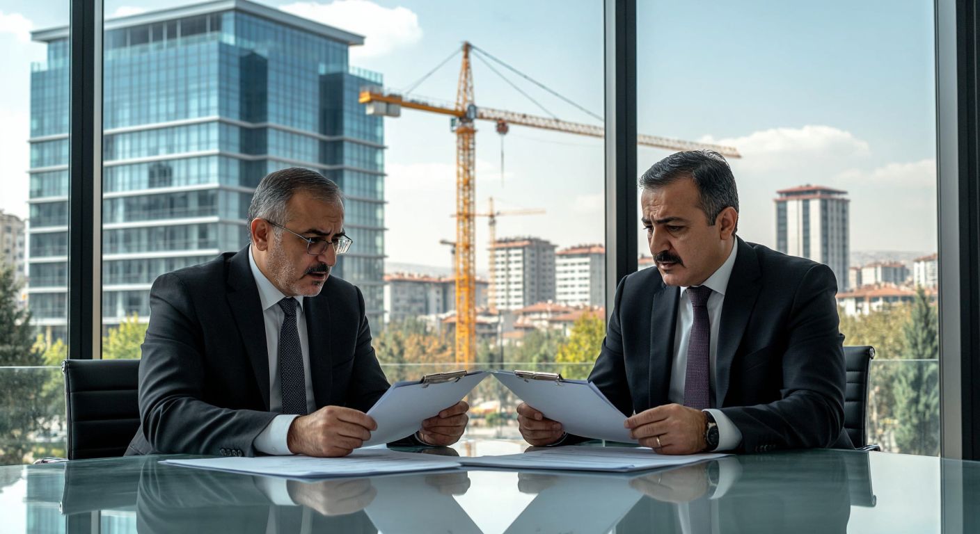 A modern Ankara office building with construction cranes in the background, two middle-aged Turkish men in formal attire discussing documents at a glass table, their expressions tense yet professional, with a faint reflection of financial charts on the window.