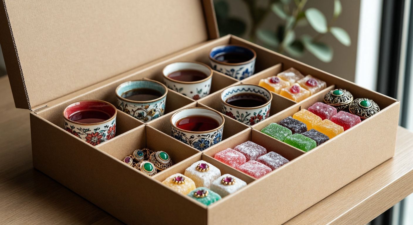 A sturdy cardboard box with internal dividers neatly holding delicate Turkish ceramic tea glasses, small jewelry pieces, and rows of colorful lokum sweets.