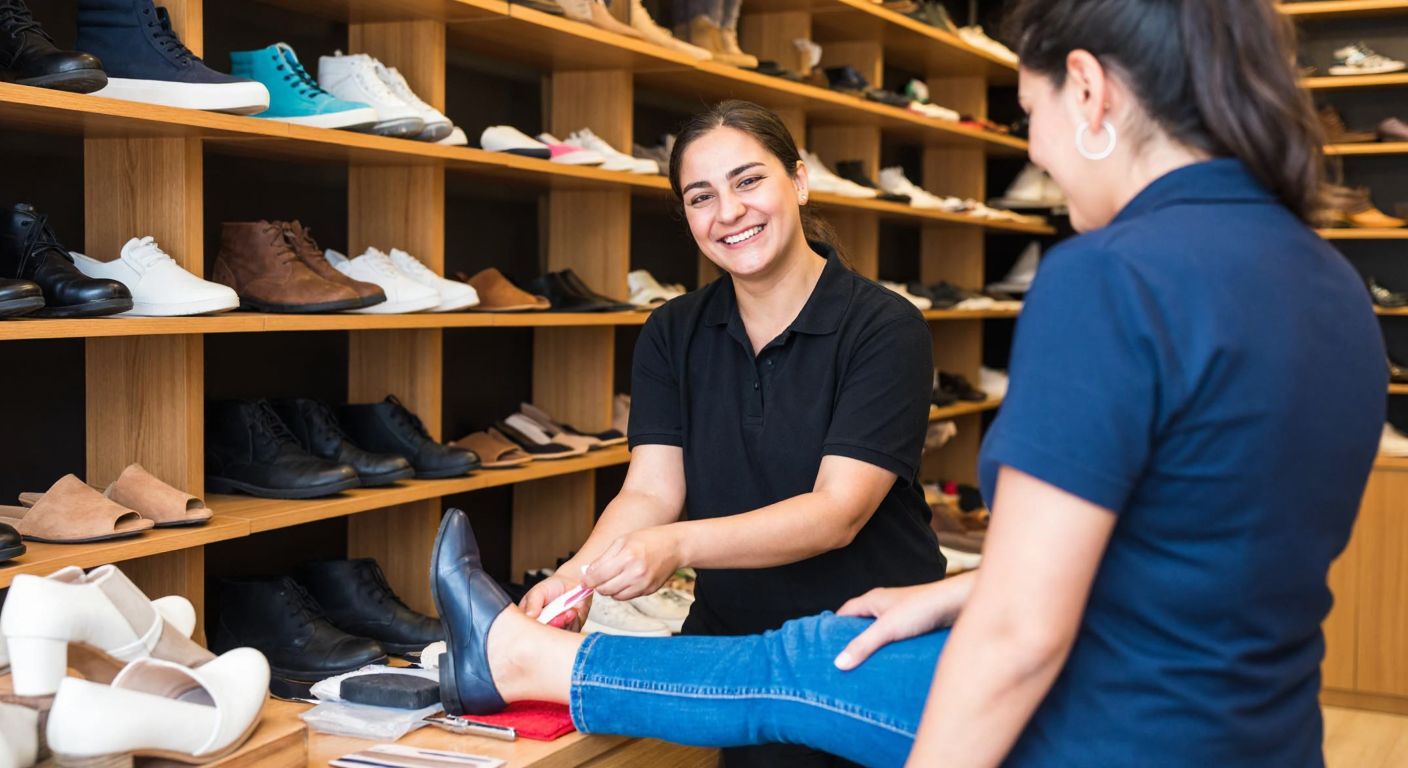 A smiling Turkish shopkeeper in a cozy shoe store measures a customer's foot with a tape while displaying various women's and men's shoes on wooden shelves.