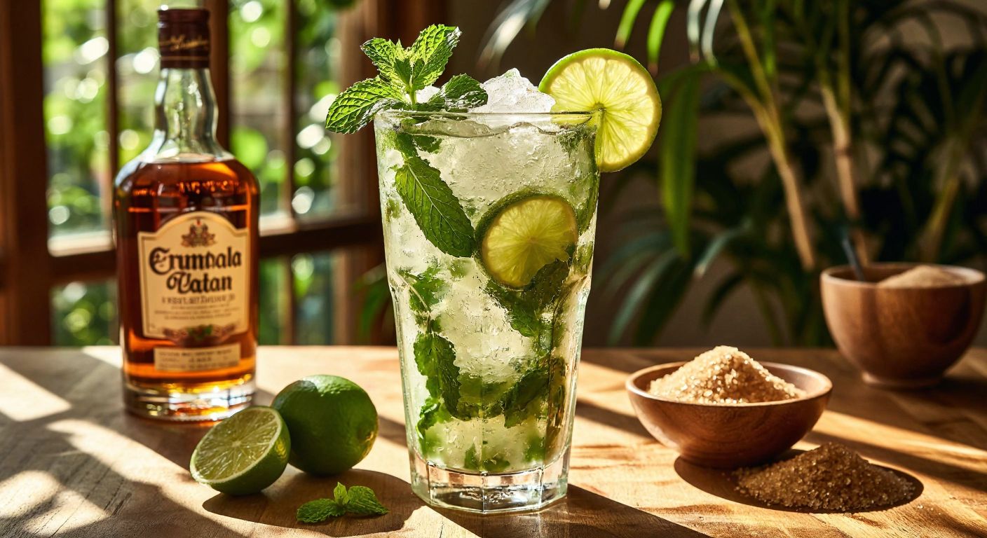 A tall, frosty glass filled with a vibrant mojito, layered with crushed ice, fresh mint leaves, and lime slices, resting on a sunlit wooden table beside a bottle of rum and a bowl of brown sugar.