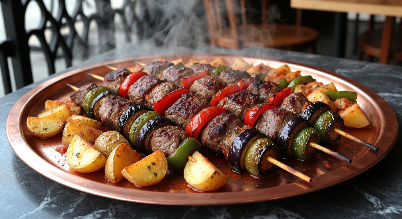 A sizzling golden-brown **parmak kebabı** on a copper tray, surrounded by skewered chunks of tender lamb, roasted eggplant, green and red peppers, and sliced potatoes, with a rich tomato-pepper sauce drizzled over the dish, steam rising from the freshly cooked meal.
