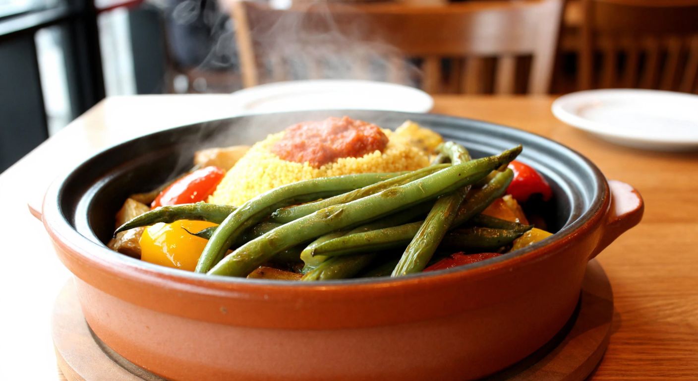 A steaming ceramic bowl filled with colorful ingredients like buttered couscous, roasted vegetables, and red pepper-infused French beans, placed on a wooden table in a cozy Turkish restaurant.
