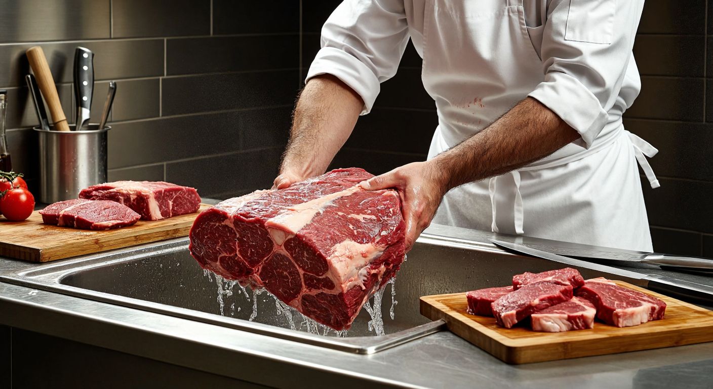 A Turkish chef in a white apron carefully rinsing a large cut of beef under cold running water in a stainless steel sink, with a sharp knife and trimmed fat pieces nearby on a wooden cutting board.