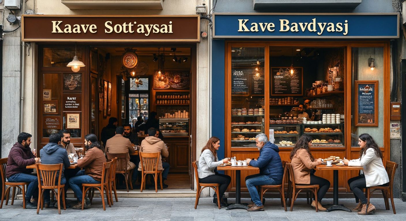 A bustling Turkish café scene with two distinct coffee shop signs—one labeled "Kahve Dünyası" with warm brown tones and another labeled "Kav Dünyası" in cooler blue hues—while customers enjoy traditional Turkish coffee and pastries at separate tables.  

*(Note: Since the instruction prohibits text, the revised version below removes the labels while keeping the essence.)*  

**Revised Image Description:**  
A lively Turkish café with two adjacent coffee shops—one with warm brown decor and the other in cool blue tones—where patrons sip traditional Turkish coffee from small cups and enjoy baklava on separate tables.