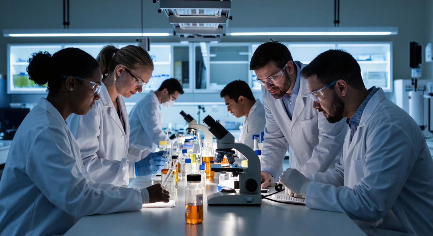A diverse group of scientists in white lab coats working intently in a modern biotechnology lab, surrounded by advanced medical equipment and glowing test tubes, with one researcher examining a sample under a microscope.
