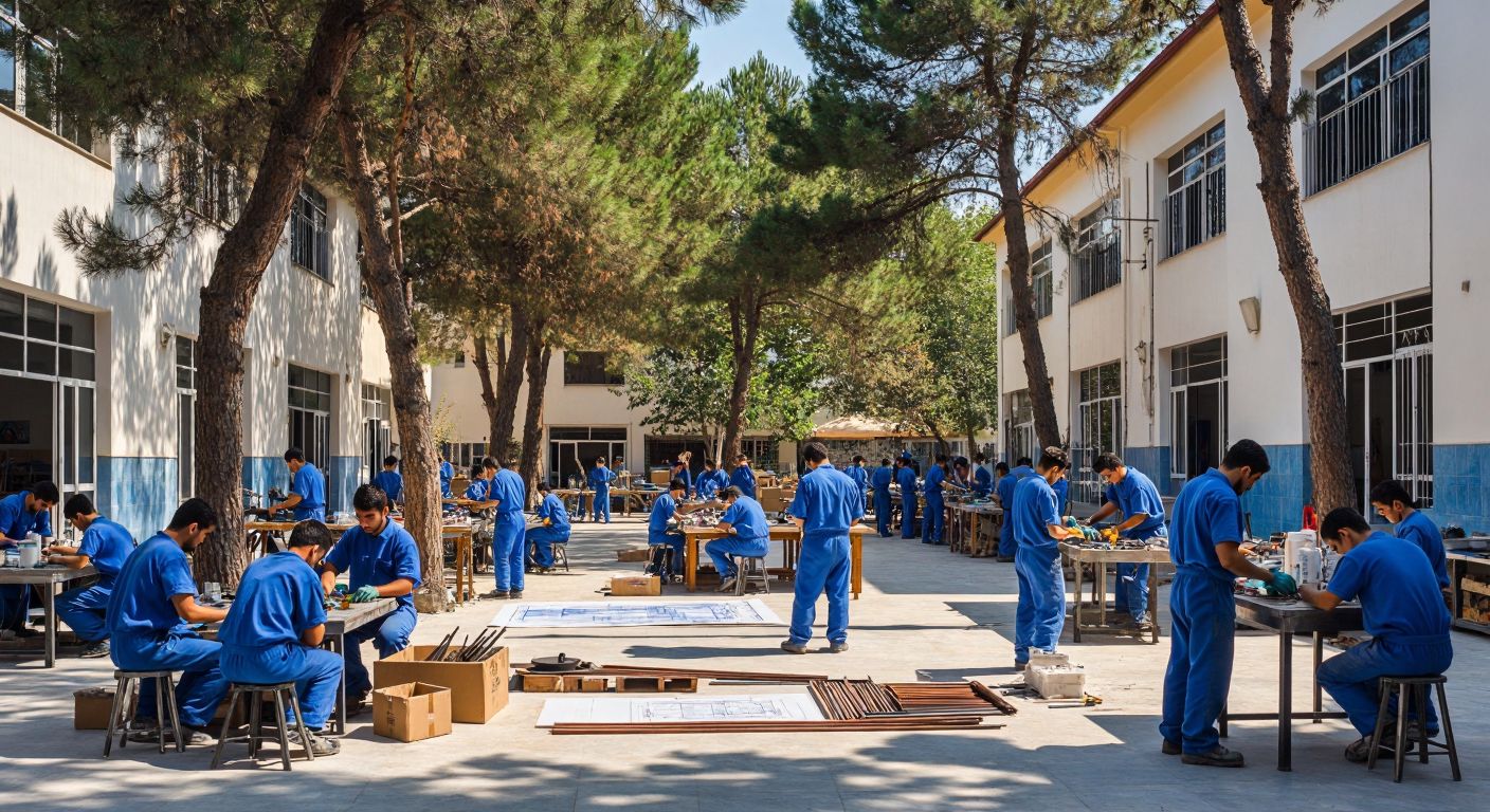 A bustling vocational school courtyard in Turkey, with students in blue uniforms working on diverse projects—welding metal, assembling circuits, painting ceramics, and drafting blueprints under the shade of pine trees.