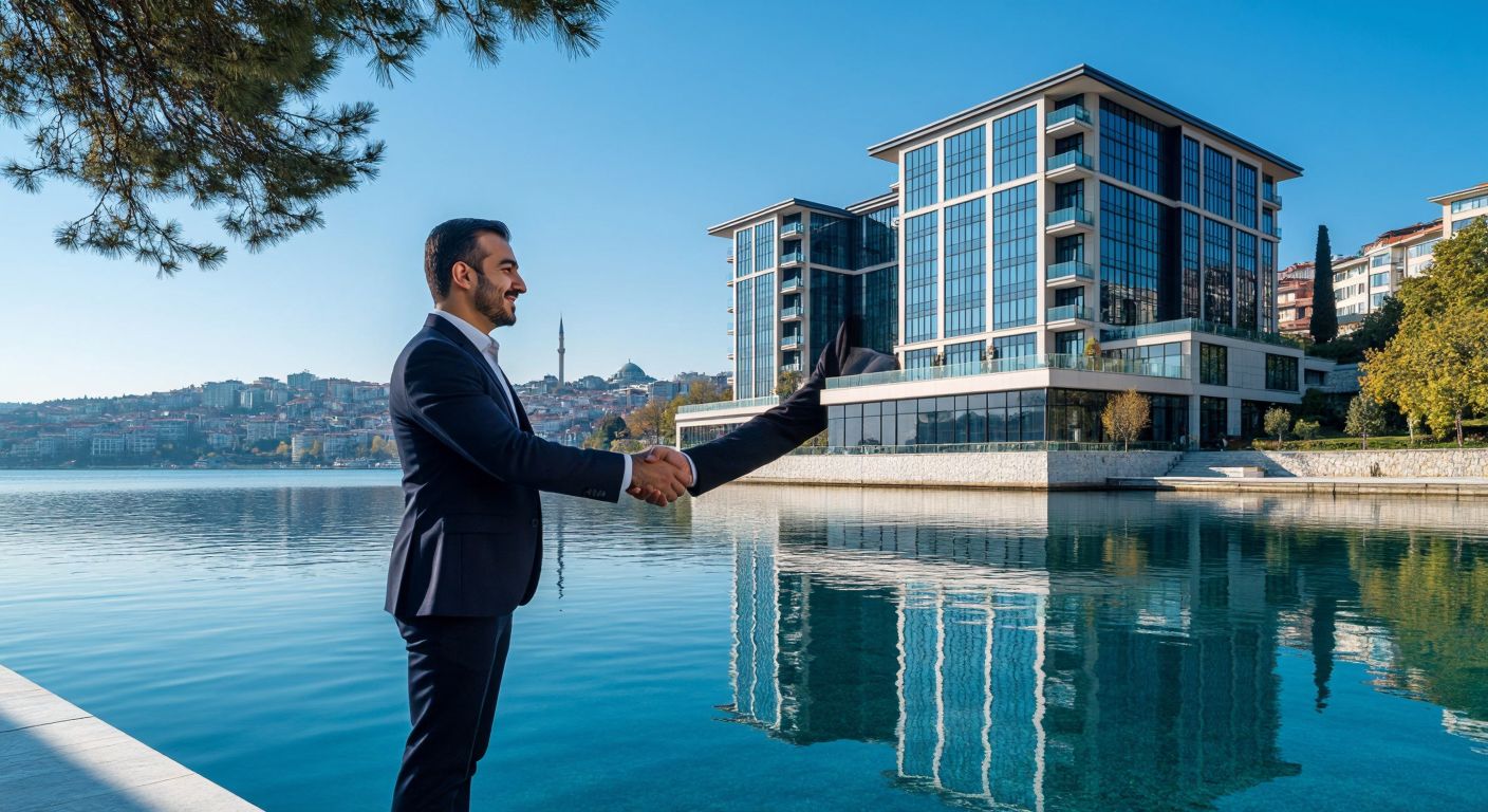 A grand, modern hotel with a waterfront view of the Bosphorus, its sleek architecture reflecting in the water, while a well-dressed Turkish businessman shakes hands with a representative from Hilton Hotels & Resorts under a clear blue sky.