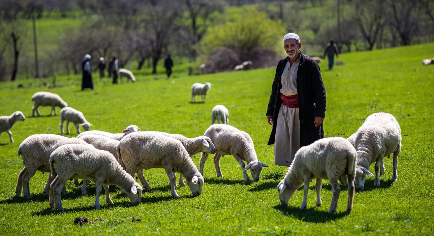 A sunlit green pasture in İvrindi, Turkey, dotted with fluffy white lambs grazing on fresh grass, while a smiling shepherd in traditional attire watches over them, embodying care and tradition.