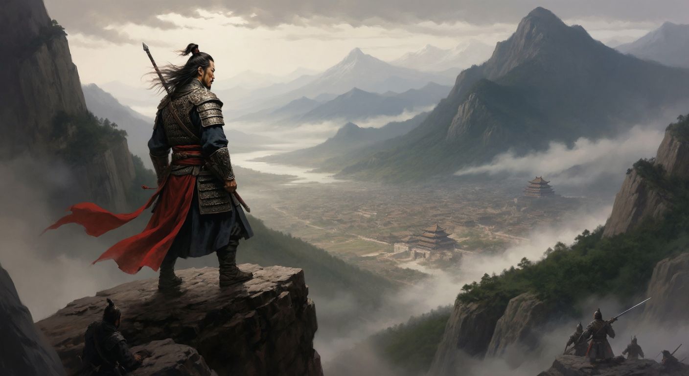 A serene ancient Chinese general in traditional armor stands atop a misty mountain, observing a distant battlefield with calm wisdom, while two opposing armies below remain motionless, symbolizing strategic victory without conflict.