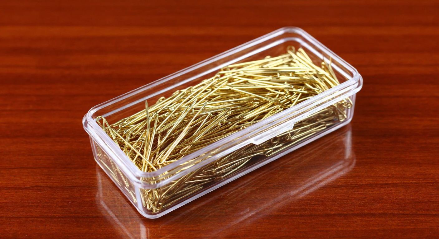 A clear plastic rectangular box filled with small gold and silver safety pins, neatly arranged and reflecting light, placed on a wooden table in a Turkish fabric shop.