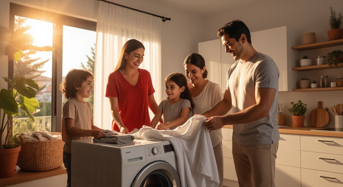 A modern Turkish family of four smiles while neatly folding freshly dried laundry beside a sleek Arçelik dryer in their sunlit home.