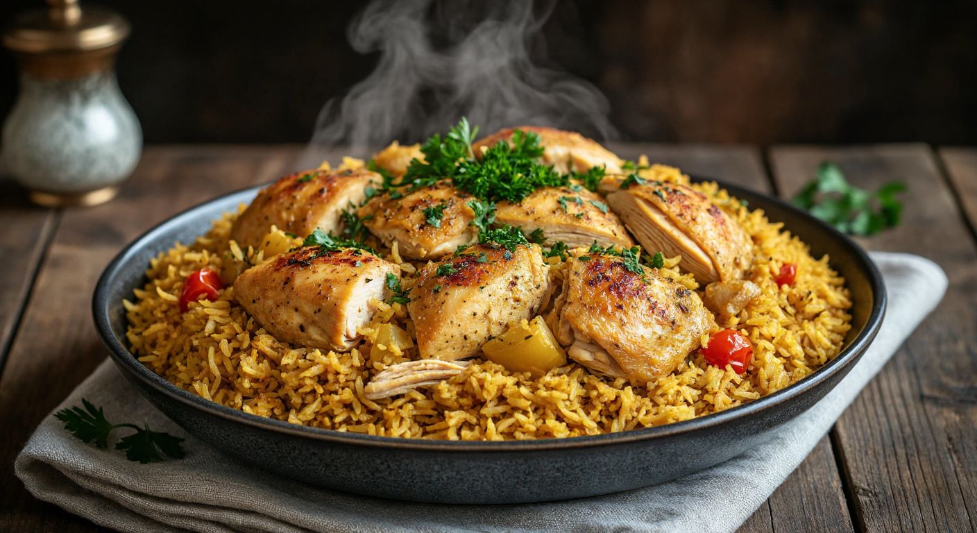 A steaming plate of golden-yellow chicken pilaf with tender shredded chicken pieces, garnished with fresh parsley, sitting on a rustic wooden table in a cozy Turkish eatery, evoking warmth and comfort.
