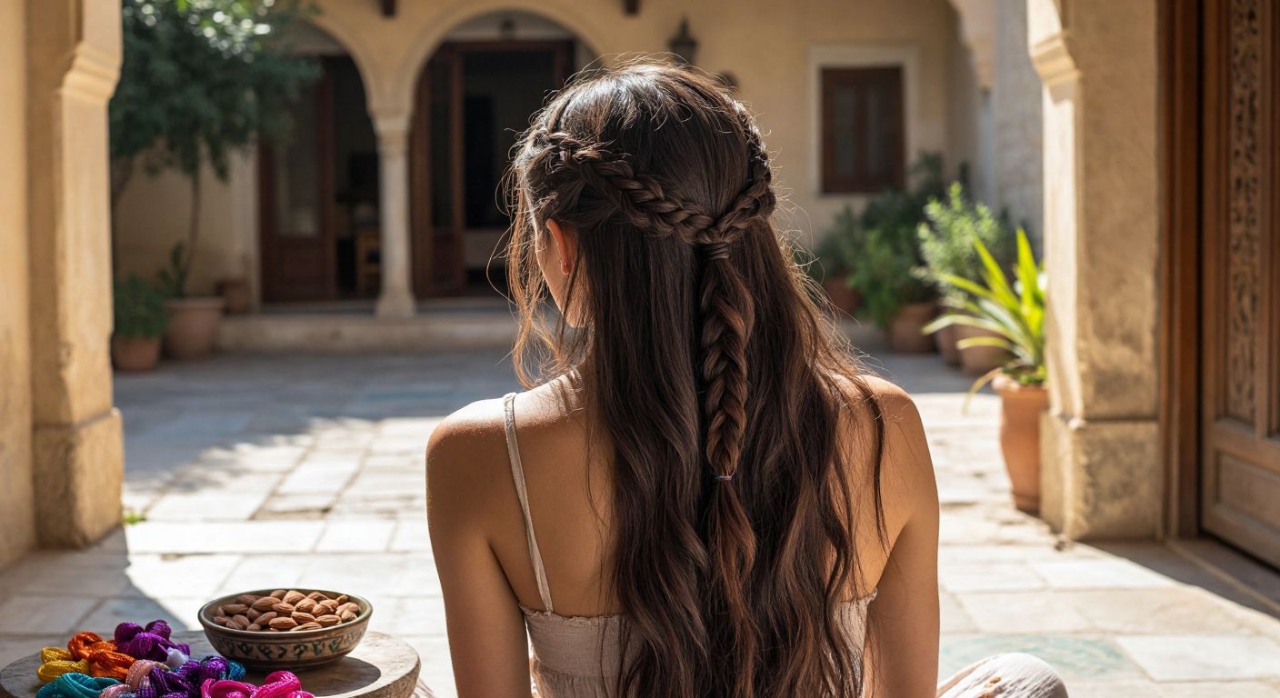 A young woman with long, dark hair sits in a sunlit Turkish courtyard, her fingers deftly weaving a fishtail braid starting from the crown of her head, surrounded by colorful hair ties and a small bowl of almonds.