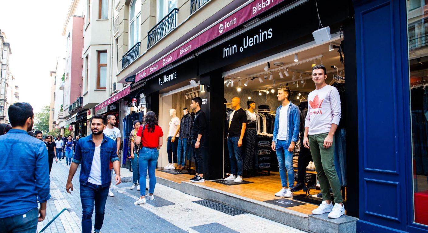 A vibrant Istanbul street scene with a modern denim storefront displaying stylish jeans, surrounded by people dressed in casual, trendy outfits, reflecting the brand's youthful energy.