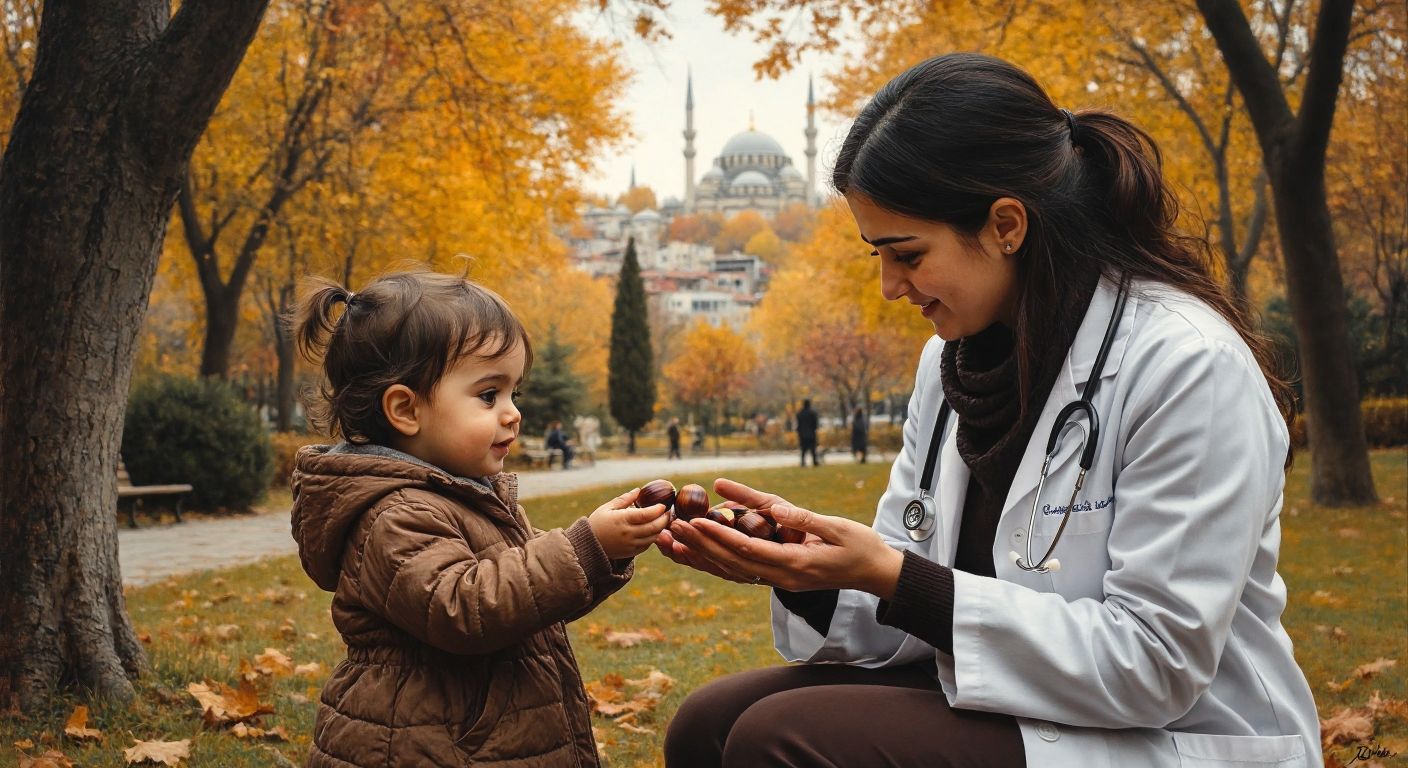 A Turkish mother carefully offering a roasted chestnut to her curious toddler under a doctor's supervision, with a warm autumn scene of Istanbul's parks in the background.