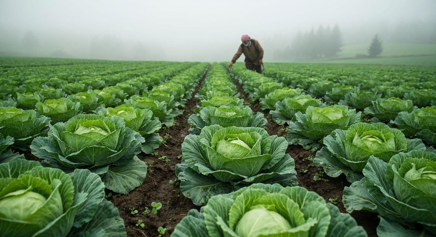 A lush green field in Turkey's Black Sea region, with rows of vibrant Azman cabbage plants under a misty sky, their broad leaves glistening with dew, as a farmer in traditional attire checks the moist, fertile soil.