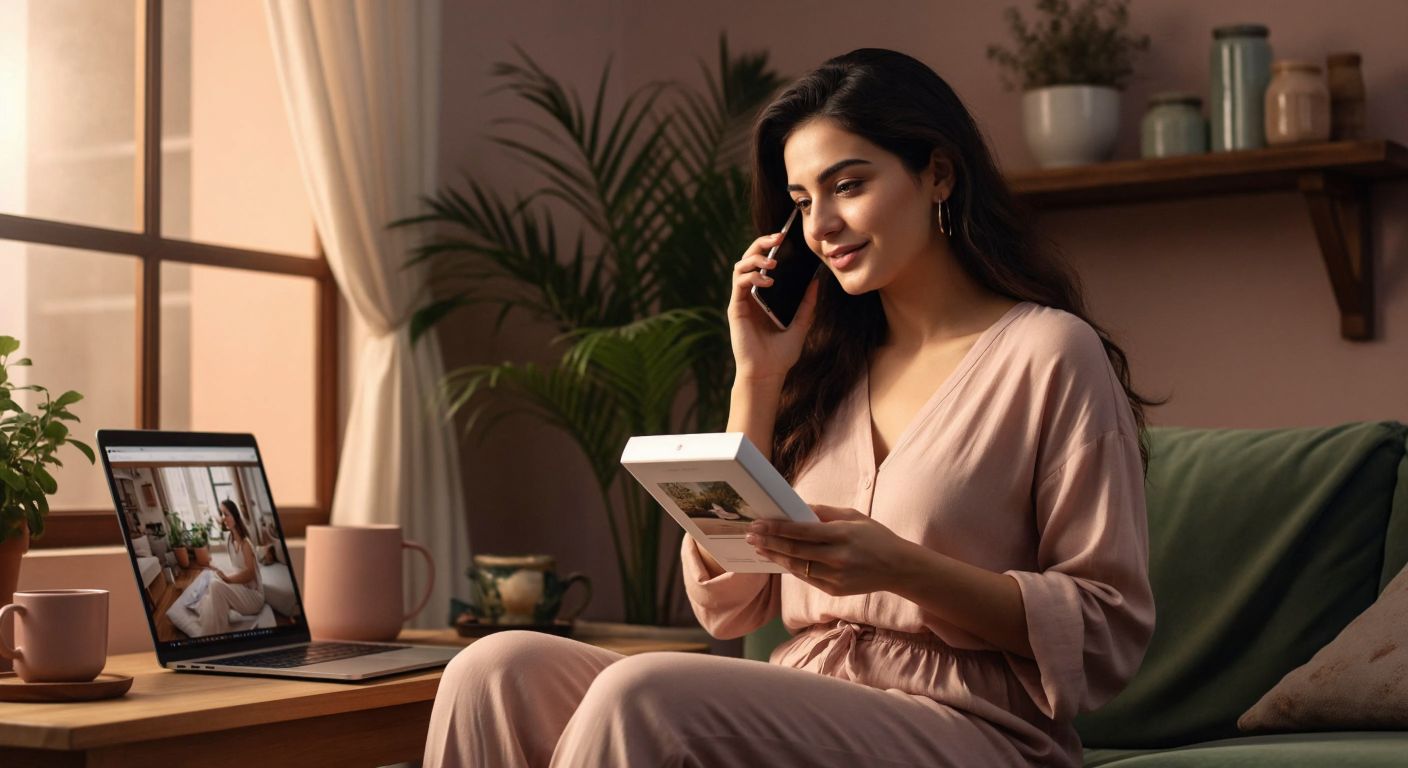 A Turkish woman in a cozy home setting holds a neatly packaged product while speaking on the phone, with a laptop open to a retail website beside her.