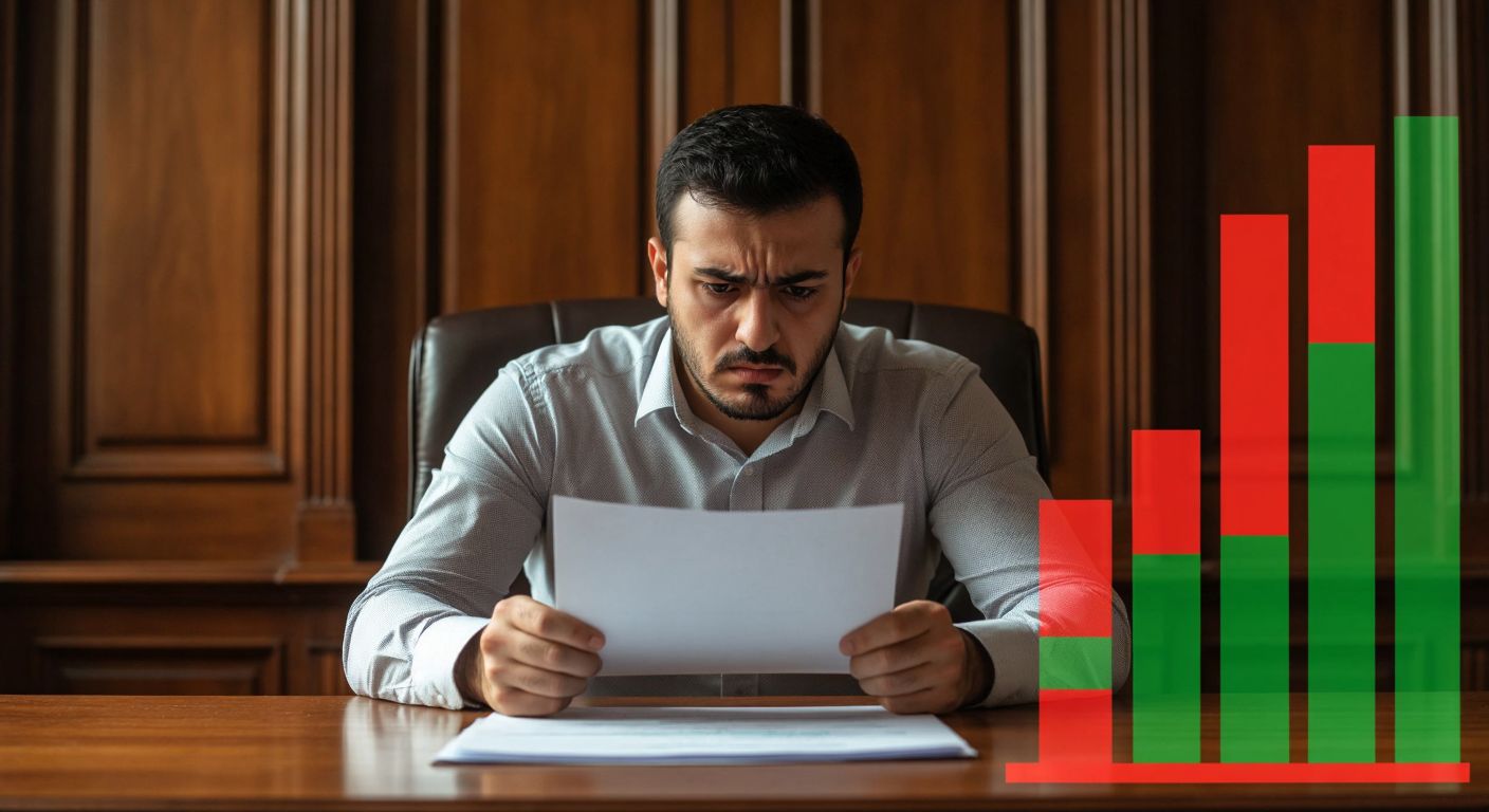 A concerned Turkish man in a formal shirt sits at a wooden desk, frowning at a blank sheet of paper while a translucent, ascending bar graph with labeled risk zones (red to green) floats beside him.