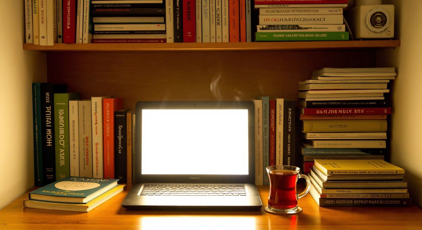 A cozy Turkish study nook with a wooden desk, a steaming cup of çay, and a glowing laptop surrounded by stacks of colorful books in various languages.