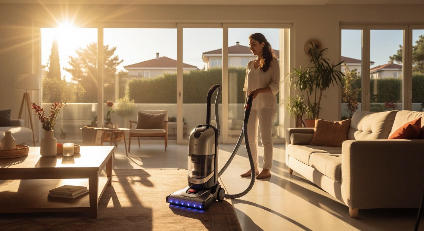 A modern Turkish home with a sleek Homend upright vacuum cleaner standing in a sunlit living room, surrounded by a mix of satisfied and frustrated users gesturing toward its features and flaws.