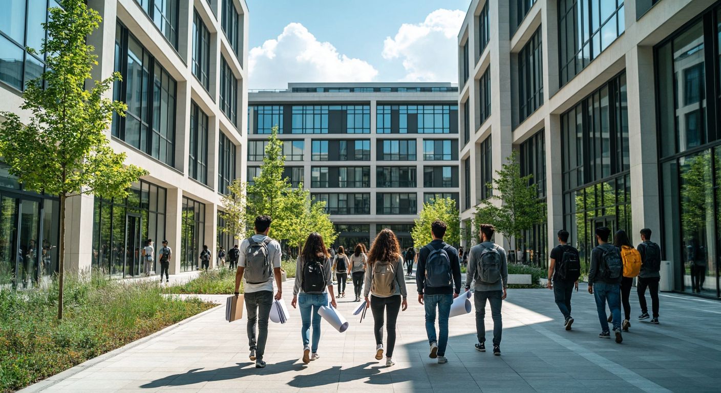 A modern university campus in Istanbul with students from diverse departments—engineering, economics, education, and design—walking past faculty buildings, holding books and blueprints, under a sunny sky.