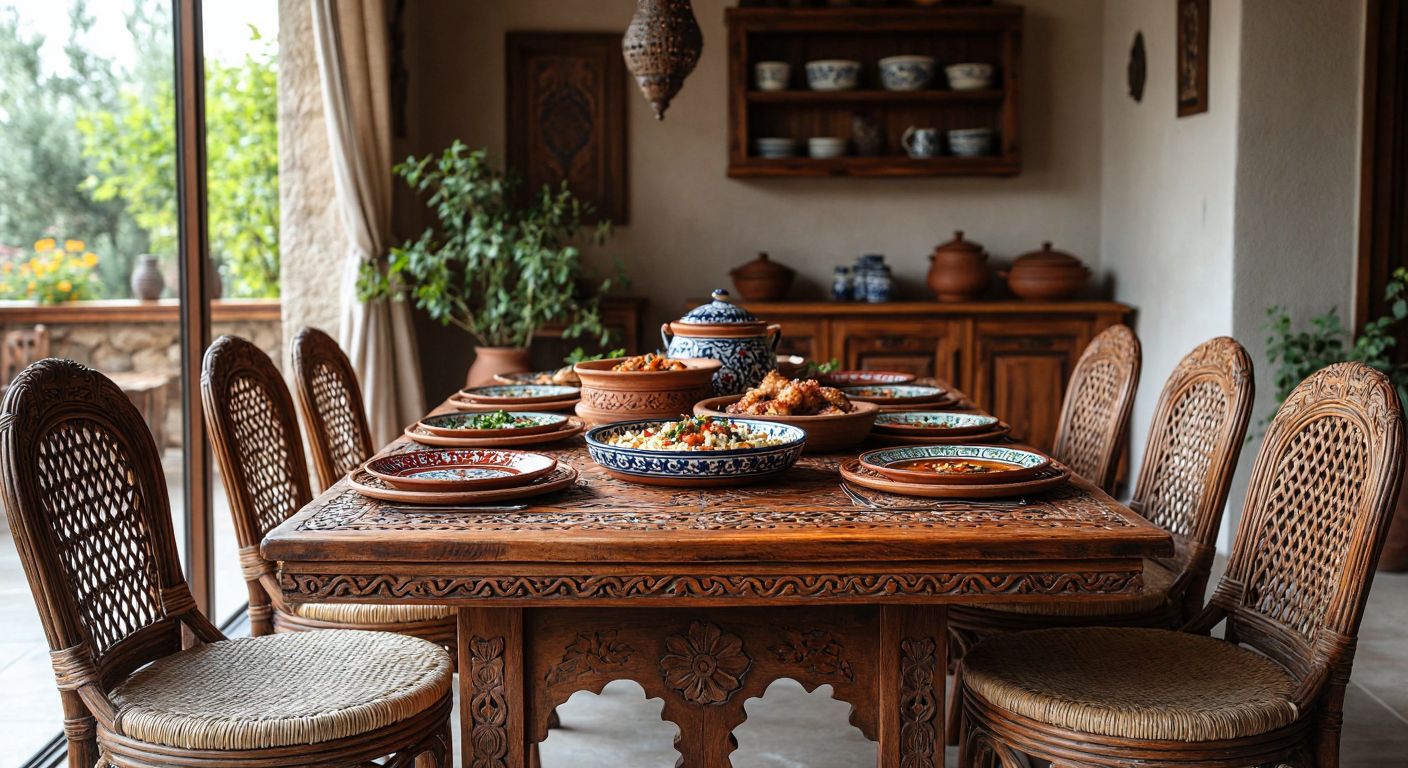 A rustic wooden dining table with intricate carvings, surrounded by cozy woven chairs, set in a warm Turkish home with colorful ceramic plates and steaming dishes of traditional food.
