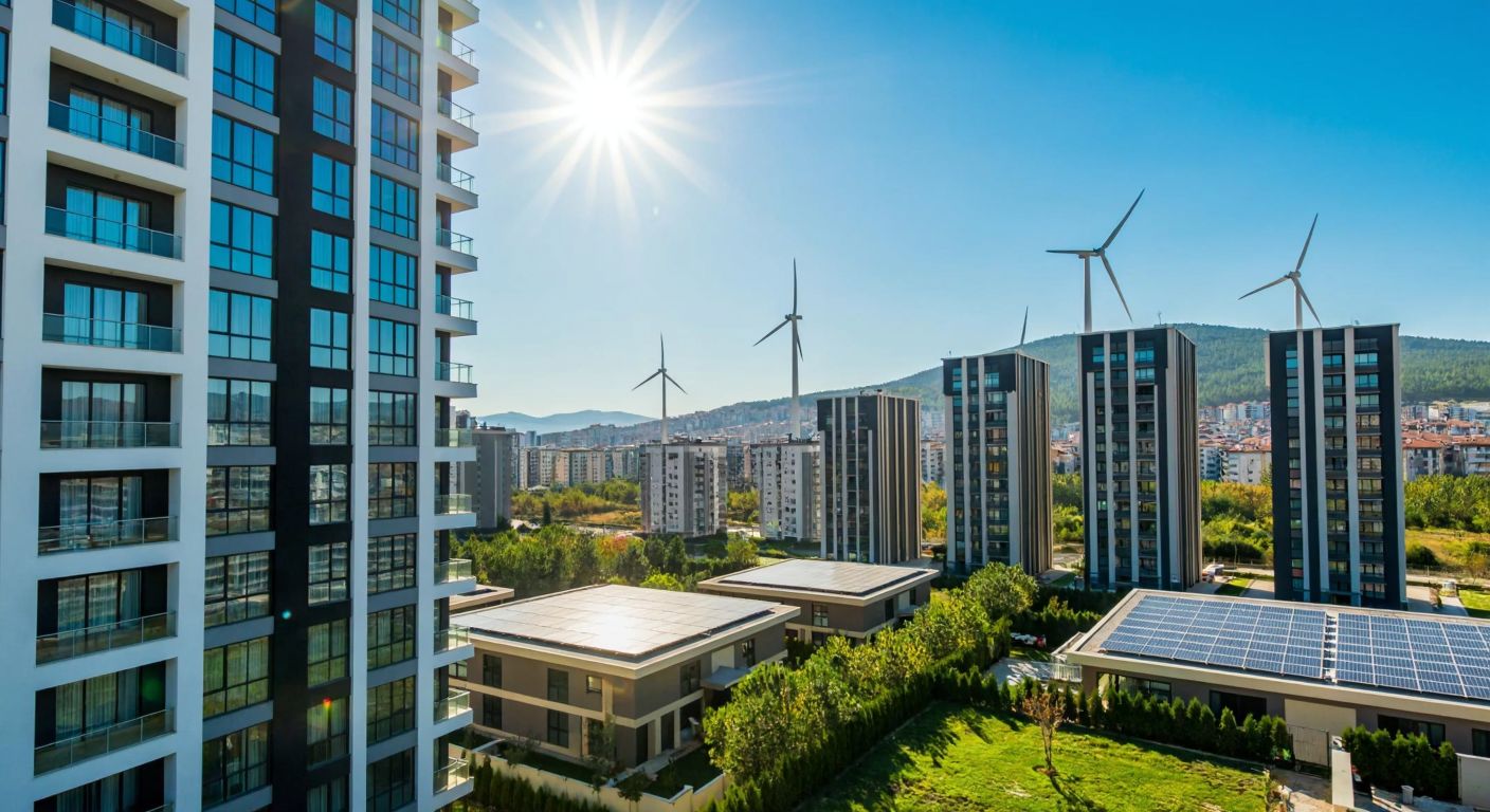 A modern Turkish cityscape with sleek high-rise apartments, wind turbines spinning on a distant hill, and a solar panel array under the bright sun, symbolizing Soyak Holding's work in real estate, energy, and industry.