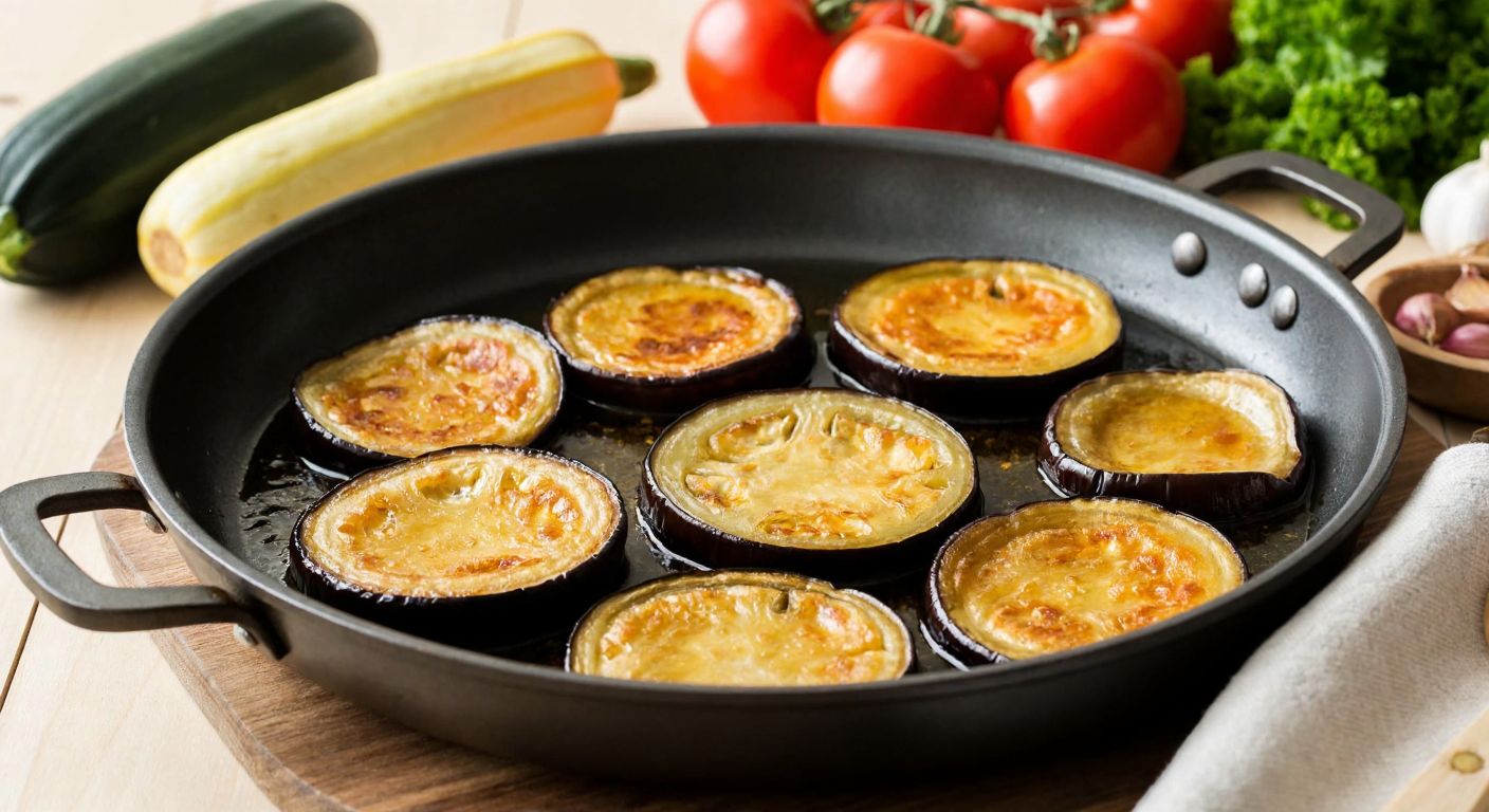 A rustic Turkish kitchen with golden-brown eggplant slices sizzling in a pan with olive oil, surrounded by fresh vegetables like zucchini and tomatoes, evoking warmth and traditional cooking.