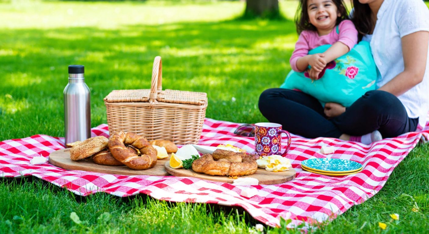 A vibrant picnic blanket spread on lush green grass in a sunny Turkish park, topped with poğaça, simit, and börek on a wooden tray, surrounded by a wicker basket, a thermos, and colorful plates, with a family laughing nearby.