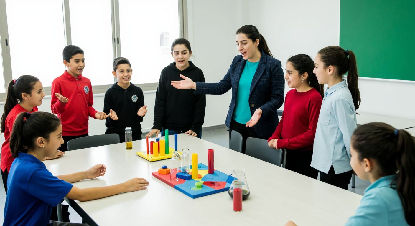 A group of Turkish middle school students excitedly presenting a colorful science project on a table, with a teacher guiding them in a bright classroom.