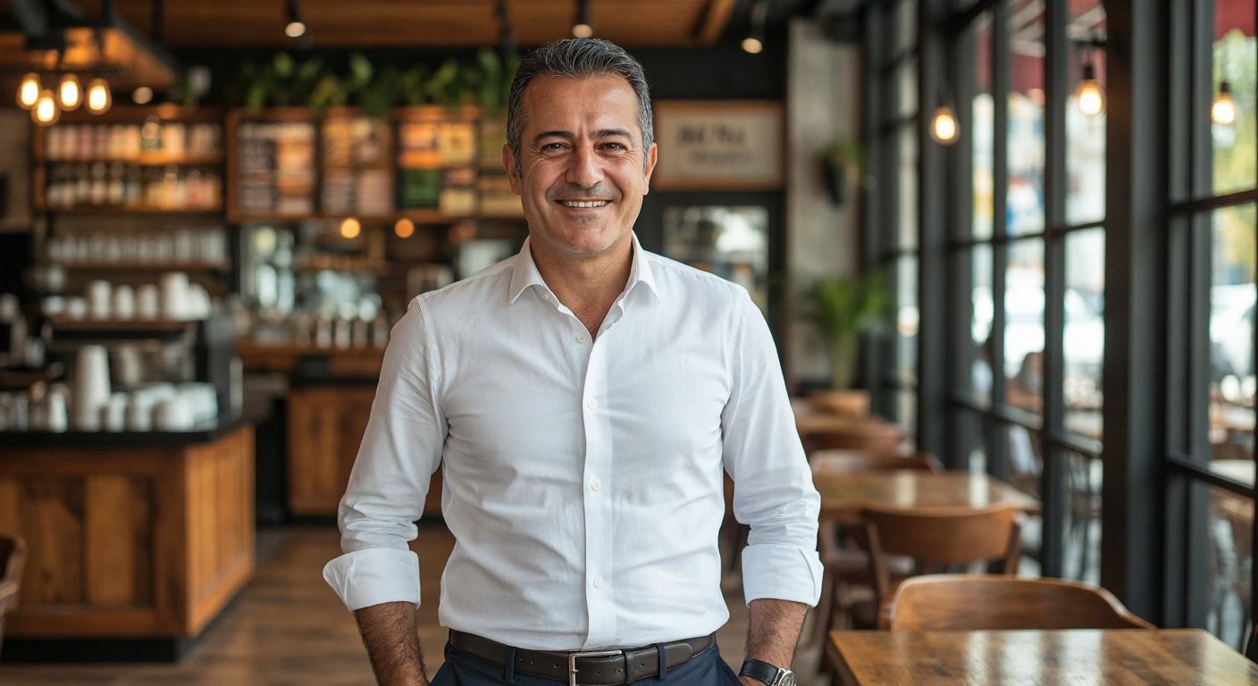 A middle-aged Turkish man with a confident smile, wearing a crisp white shirt and dark trousers, stands proudly in front of a cozy café with warm wooden furnishings and the aroma of freshly brewed Turkish coffee in the air.