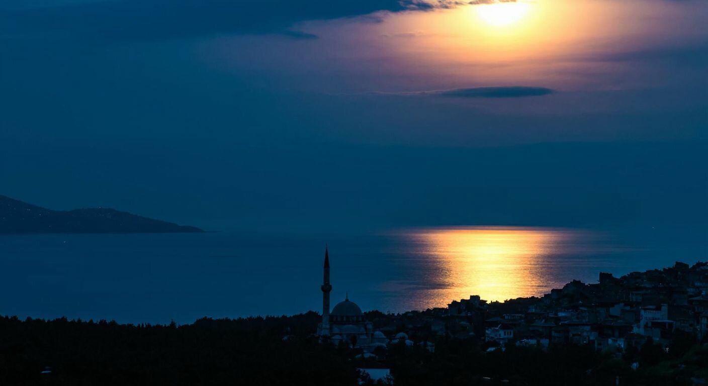 A serene night sky over a Turkish landscape, with a glowing crescent moon reflecting sunlight onto a calm sea, while a silhouetted minaret stands in the foreground.