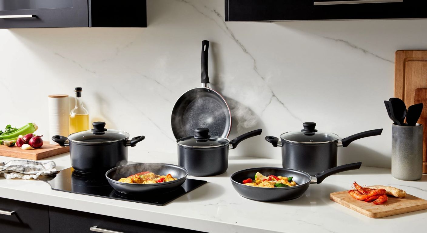 A modern Turkish kitchen with a gleaming set of Tefal titanium cookware—including pots, pans, and removable handles—neatly arranged on a marble countertop, steam rising from a simmering dish in one of the pans.