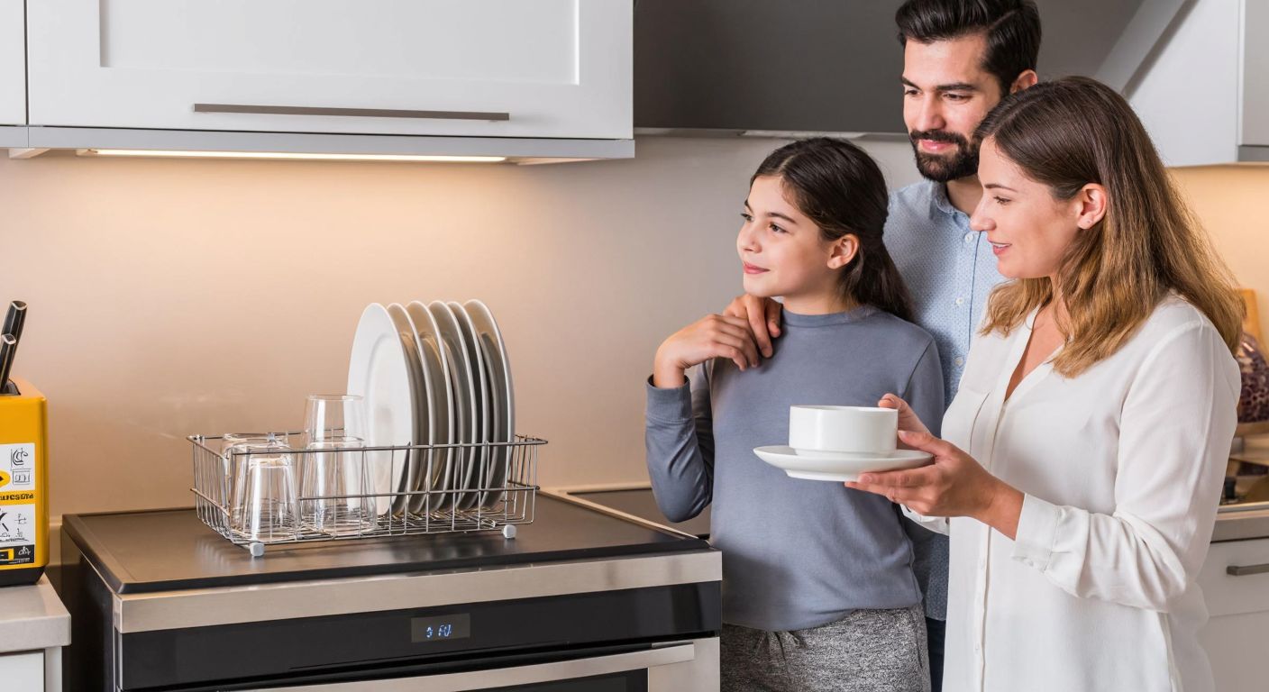 A modern Turkish kitchen with a stainless steel dishwasher prominently displayed, surrounded by neatly stacked plates and glasses, while a family of three examines its energy efficiency label with thoughtful expressions.