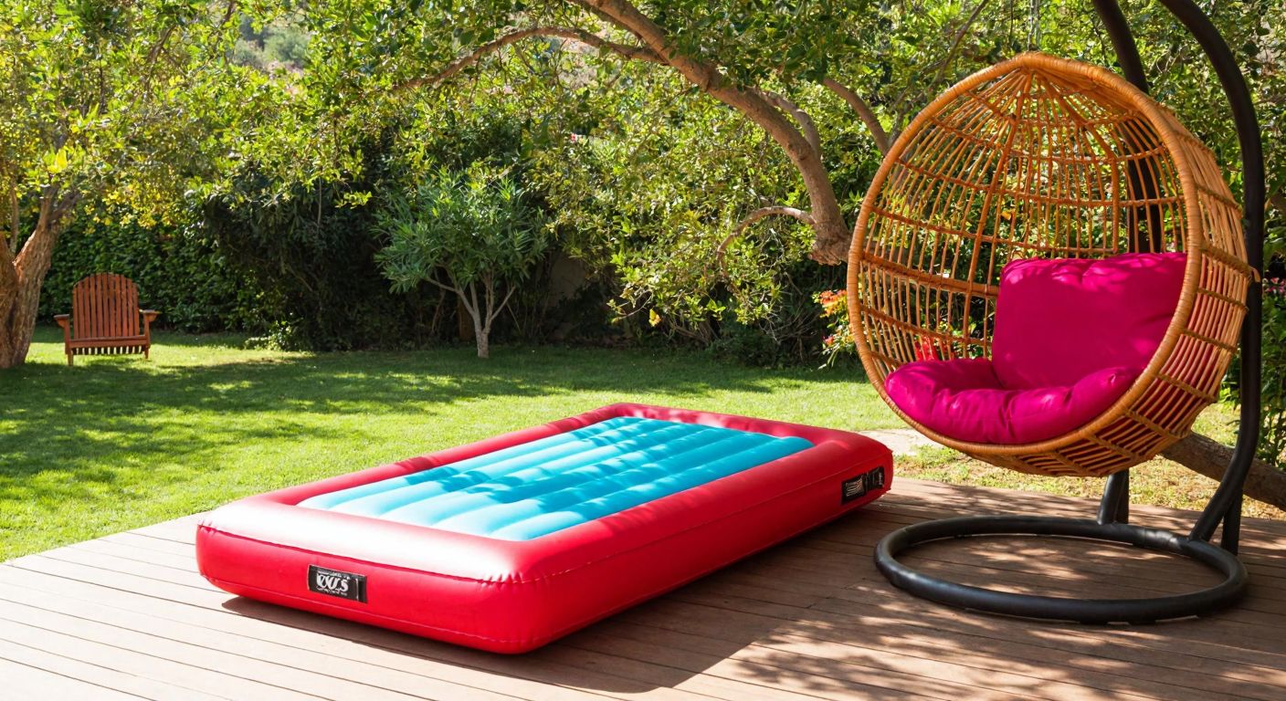 A colorful inflatable mattress (EVOSS brand) resting on a wooden floor beside a sturdy rattan swing hanging from a tree branch, both under the warm sunlight in a Turkish garden.
