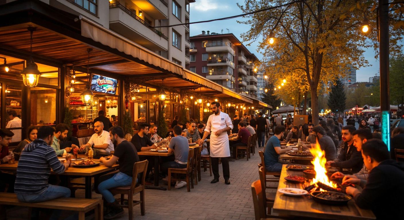 A bustling Ankara street in Çankaya’s Söğütözü district, with a warmly lit restaurant signless but exuding the aroma of sizzling küşleme, where a mustachioed chef in a white apron grills meat over glowing embers as patrons chat happily at wooden tables.
