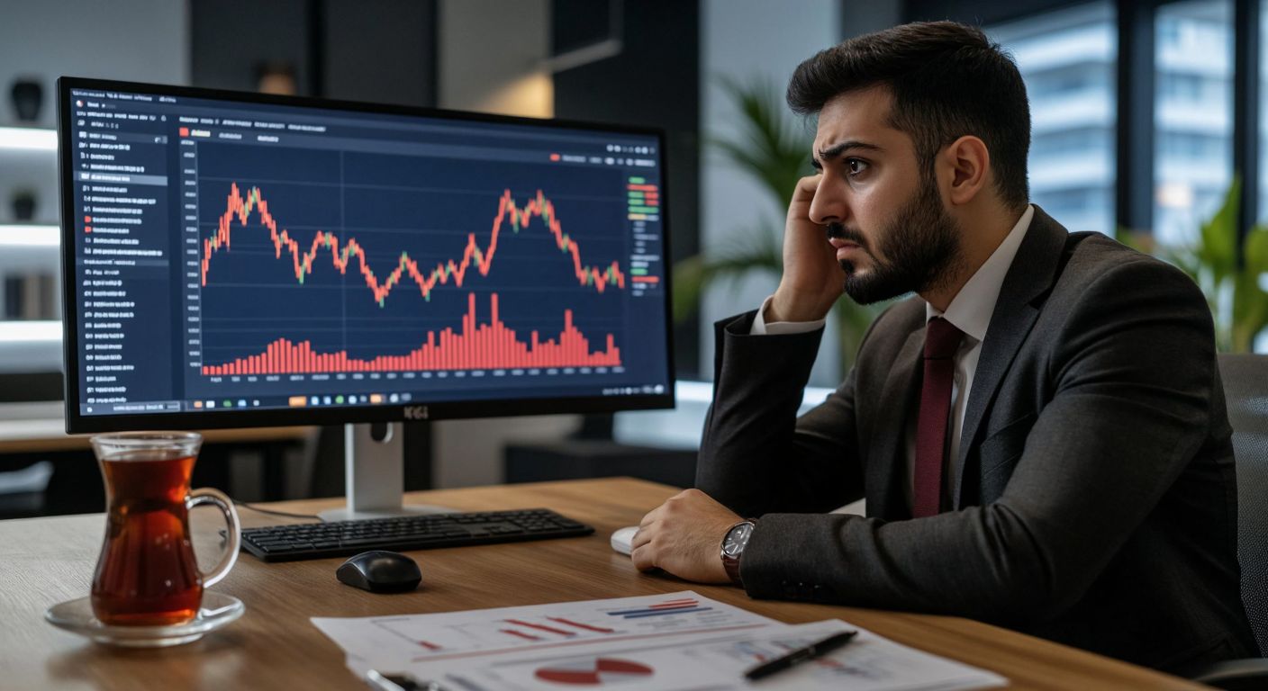 A concerned Turkish investor in a modern office gazes at a downward-trending stock chart on a sleek monitor, surrounded by financial reports and a steaming cup of Turkish tea.