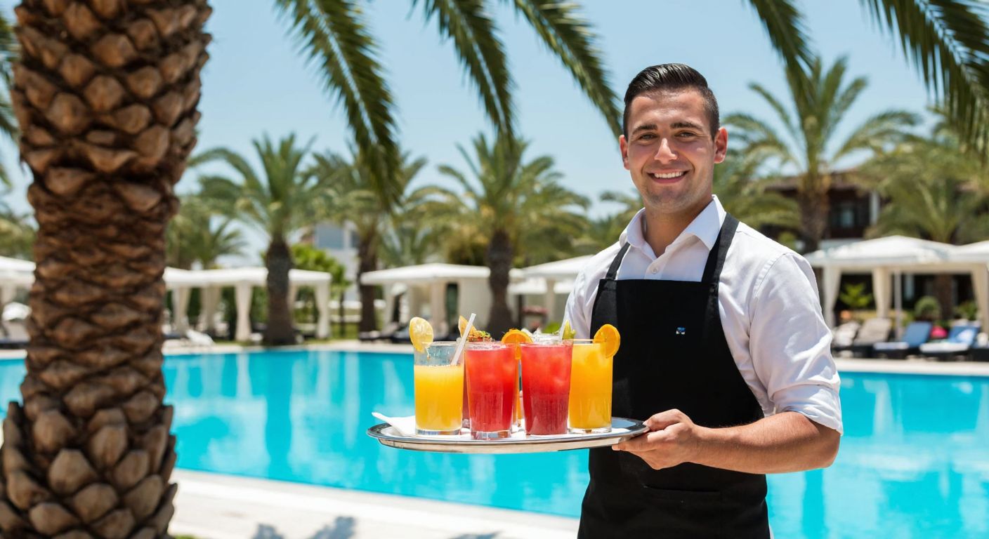 A luxurious Turkish resort poolside scene with a smiling waiter offering a tray of colorful cocktails and fresh fruit juices under the shade of palm trees.