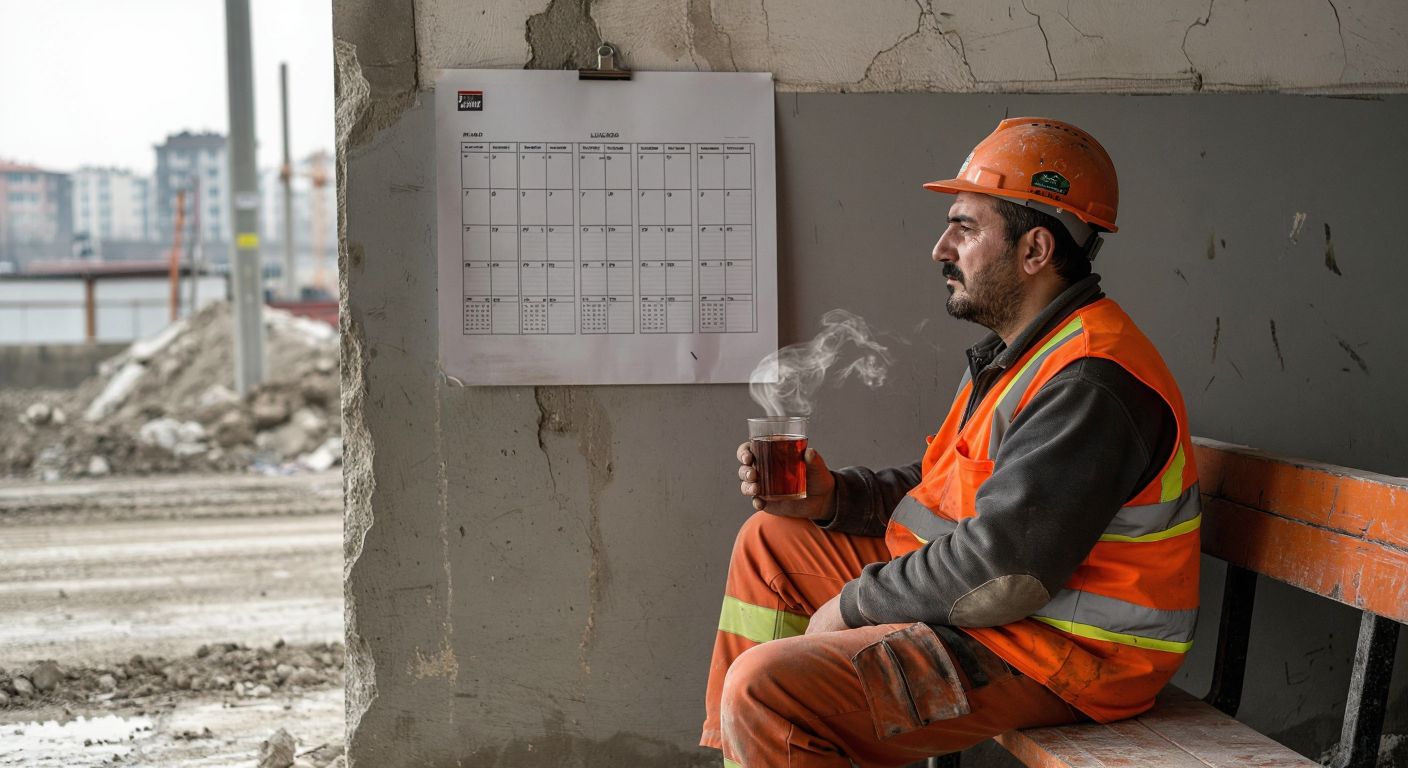 A weary Turkish construction worker in an orange vest sits on a bench during a break, glancing at a calendar pinned to a worksite wall while holding a steaming cup of çay.  

(Note: The calendar is implied by the worker's gaze and context, but not visually depicted as a labeled object, adhering to the constraints.)