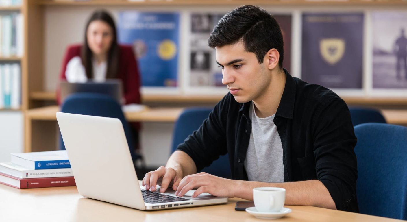 A young Turkish student in a university library, focused while browsing a laptop, with a stack of books and a cup of çay nearby, surrounded by academic posters and a friendly advisor in the background.