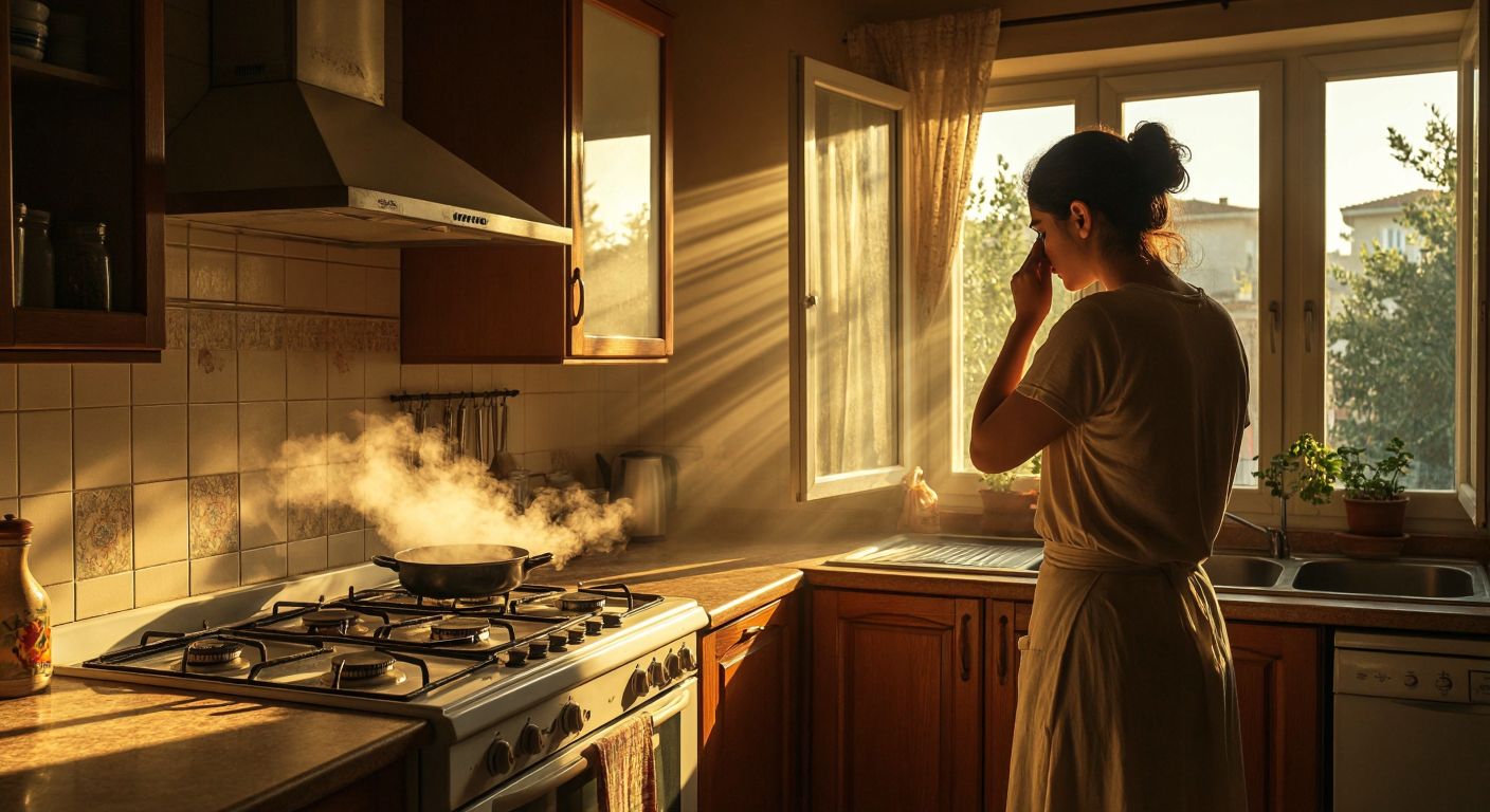 A Turkish kitchen with a gas stove left on, emitting a faint hissing sound, while a person nearby sniffs the air with a concerned expression, and sunlight streams through open windows to ventilate the room.