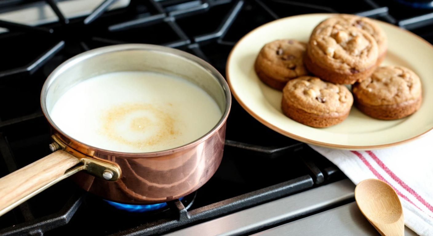 A small copper pot simmers on a gas stove, swirling with a creamy mixture of milk and sugar, while a wooden spoon rests beside it, and golden-brown brownie cookies sit on a ceramic plate nearby, ready to be drizzled.