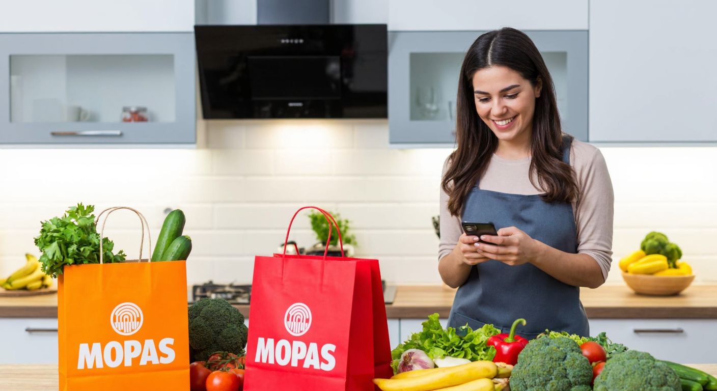 A cheerful Turkish woman in a modern kitchen smiles while browsing groceries on her phone, surrounded by fresh produce and colorful Mopaş-branded shopping bags.